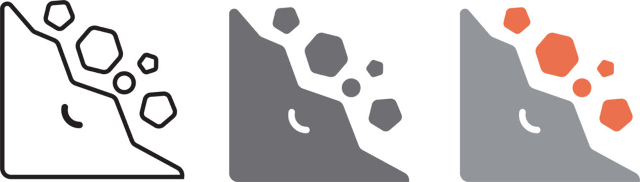 Landslide Disaster Icon. Falling Rock Symbol. Simple Pictogram for Geological Hazard, Emergency Warning, Mountain Safety, Natural Disaster and Risk Management.