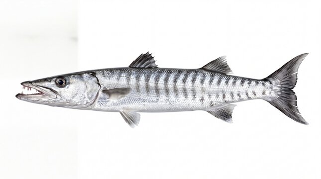 Sharp silver barracuda fish with open mouth showing teeth isolated against a clean on white background