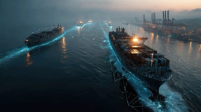Ship traffic management digital maritime systems concept AI guided route optimization real time collision avoidance scalable port open water navigation infrastructure