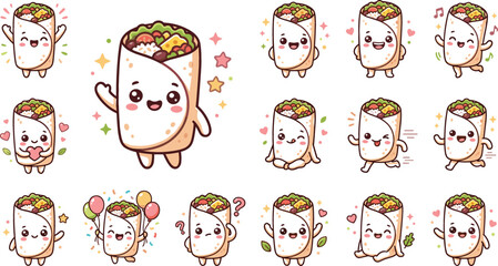 Obraz premium Cute cartoon burrito character sticker set with various facial expressions and emotions for Mexican restaurant menus and creative food marketing