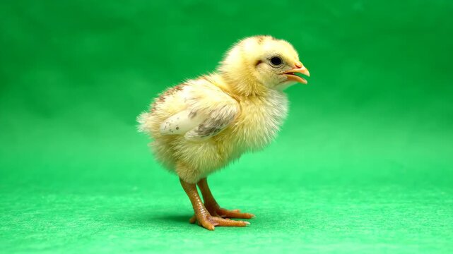 Adorable yellow baby chick walking and chirping against a bright green screen background for chroma key compositing