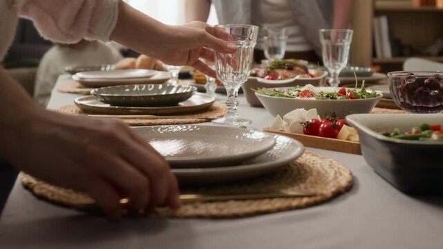 Close-up shot of female hands arranging plates, cutlery, and glassware on dining table. Video for home decor brands, holiday hosting campaigns, or family dinner promotions