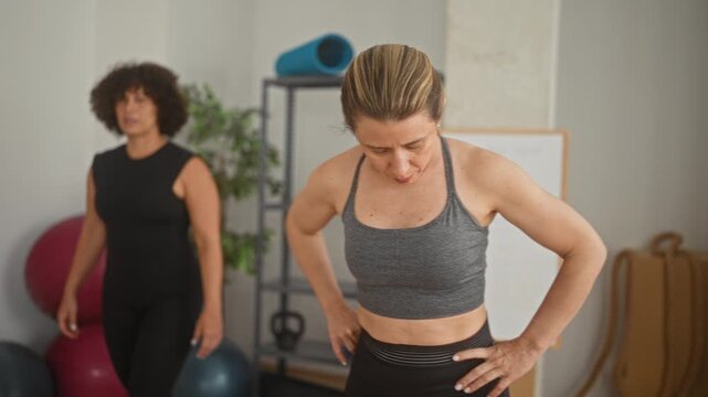 Two middle age women train in a yoga studio, one places hand on the other's shoulder while the other stands with hands on hips; support friendship wellness.