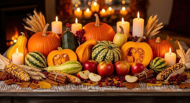 Autumn harvest display with pumpkins and candles. Seasonal fall decor featuring gourds, pinecones, and warm lighting for cozy home styling.