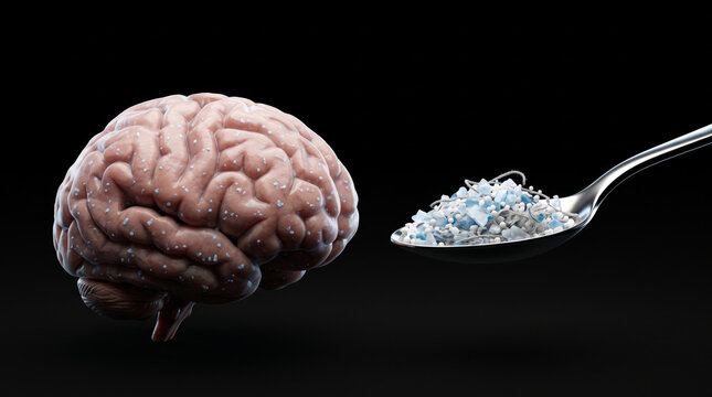 Brain Drug Addiction Concept, Human brain beside addictive white powder illustrating substance abuse neurological damage and mental health risks