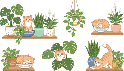 Cute ginger cats and indoor potted plants vector illustration collection with monstera snake plant hanging ivy and sleeping kittens for home decor graphic design elements © AntarChandra