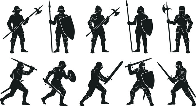 Medieval knights, soldiers silhouettes collection with swords, spears, shields, halberds, armor, ancient warrior poses, infantry combat, battle equipment, isolated icons.