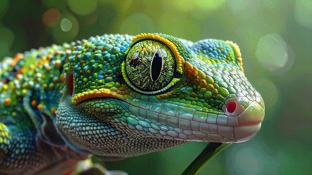 Close-up of a reptile's head. Vivid scales and eye detail against a blurred, green backdrop