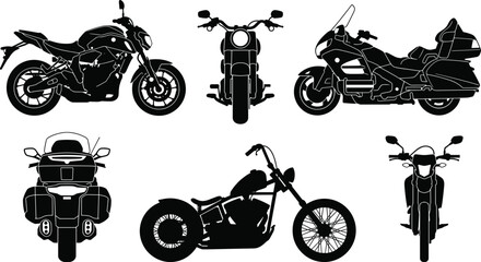 Modern motorcycle silhouettes, sports bike, cruiser, chopper, touring motorbike, street racer, off-road dirt bike, transport vehicle icons, automotive racing speed motor. © MstSumi