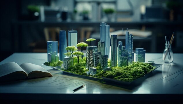 Miniature city with tree and office desk symbolizes esg reporting, green energy, sustainable urban planning, and corporate responsibility.