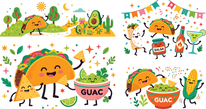Cute Mexican food cartoon characters celebrating with taco burrito guacamole hot sauce corn and chips for festive restaurant menu graphic design elements