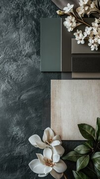 Modern flat lay composition in dark, earthy color palette with textile and paint samples, flowers, lamella panels and tiles. Architect and interior designer mood board. Top view. Copy space. 