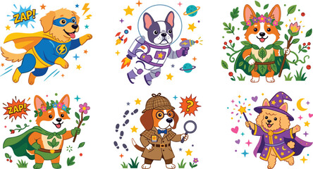 Cute puppy dog cartoon character sticker set featuring superhero astronaut wizard corgi elf and detective for children school education graphic design elements © AntarChandra