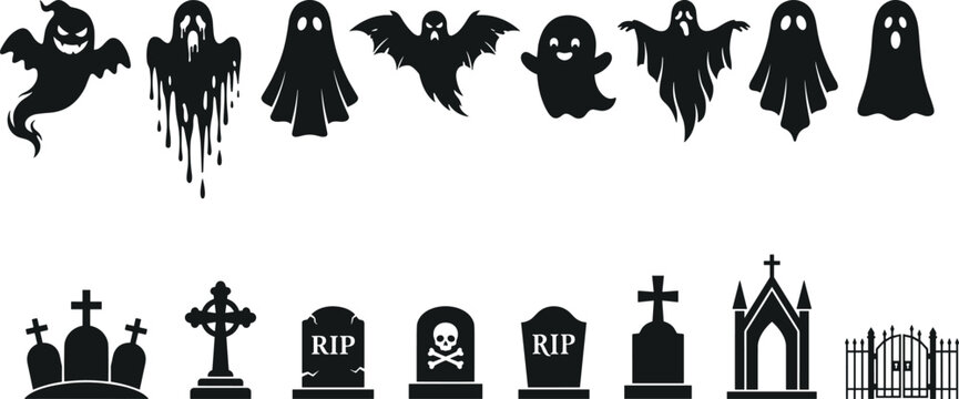 Halloween Ghost and Graveyard Silhouette Collection with Spooky Flying Ghoul Characters Gravestones RIP Cross Tombstones Cemetery Chapel and Wrought Iron Gate