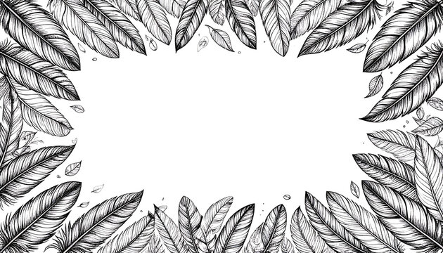 Hand-drawn black and white feather frame illustration with intricate details, creating a decorative border around a central white space, perfect for design elements.