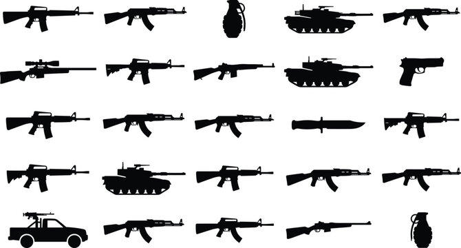 Military Weapons and Warfare Equipment Silhouette Set Featuring Assault Rifles Sniper Rifle Handgun Hand Grenade Combat Knife Battle Tanks and Gun Truck