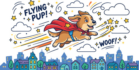 Cute superhero flying pup cartoon character banner with red cape soaring over city skyline for children book graphic design elements © AntarChandra