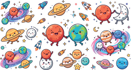 Cute solar system planets cartoon character sticker sheet with happy earth mars jupiter and rocket ships for preschool education graphic design elements © AntarChandra