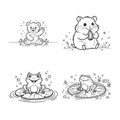 Cute Baby Animals Coloring Page Set with Bear, Hamster, and Frogs Vector Line Art © Jakir
