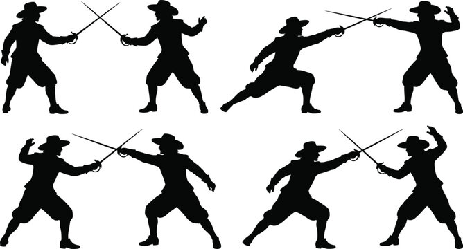 Musketeer duel silhouettes, medieval swordsmen fighting icons, historical rapier combat, fencing warrior poses, musketeer battle scene, sword fight action.