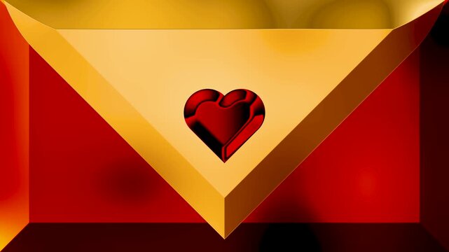 A luxurious 3D animation of a glossy red heart on a golden chevron wedge against a fluid molten gold background, seamless loop.