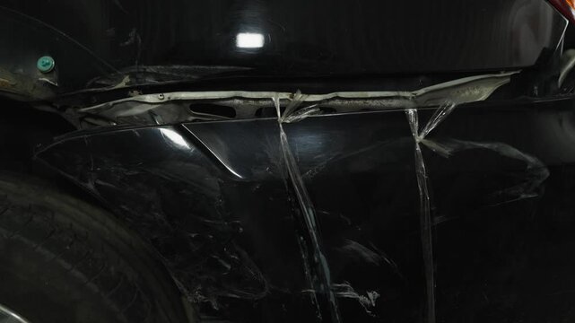 A damaged black car bumper temporarily held together with plastic wrap.