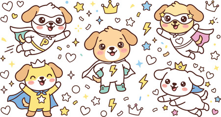 Cute superhero puppy cartoon character sticker sheet with happy dog emojis crowns and stars for children nursery education graphic design elements © AntarChandra