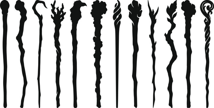 Mystical wizard staff collection, fantasy druid wand silhouettes, magical sorcerer canes, enchanted wood stick icons, mystery spiritual equipment, isolated objects.
