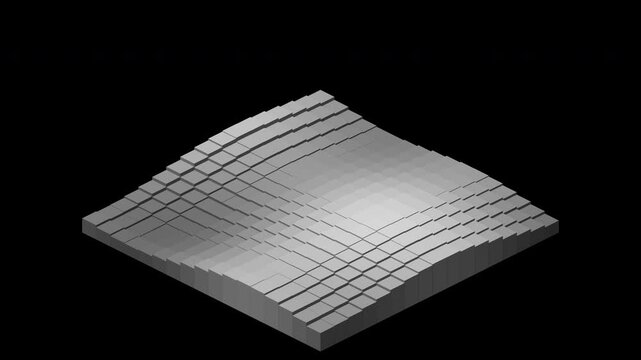 Abstract 4K animation featuring an isometric grid of three-dimensional blocks whose heights continuously rise and fall in a traveling wave, creating a dynamic voxel skyline and futuristic 3D data