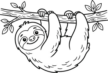 Fototapeta premium Cute sloth hanging upside down on tree branch coloring page for kids vector line art