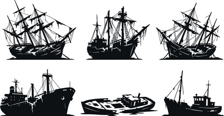 Old abandoned shipwreck, broken sailing vessel silhouettes, destroyed cargo ship ruins, oceanic maritime disaster, sunken boat icons, isolated sea. © MstSumi