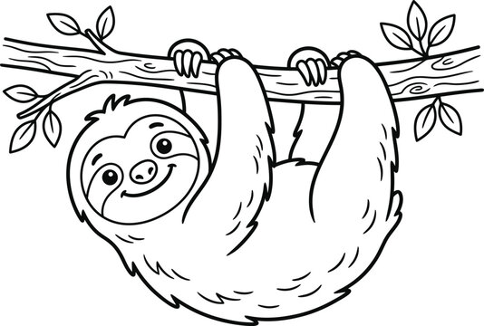 Cute sloth hanging upside down on tree branch coloring page for kids vector line art