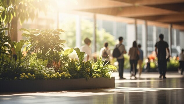 Modern green office lobby with lush indoor plant, warm sunlight, blurred person, and sleek glass interior, conveying calm, sustainable, biophilic workspace style.