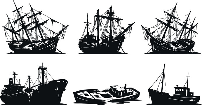 Old abandoned shipwreck, broken sailing vessel silhouettes, destroyed cargo ship ruins, oceanic maritime disaster, sunken boat icons, isolated sea.