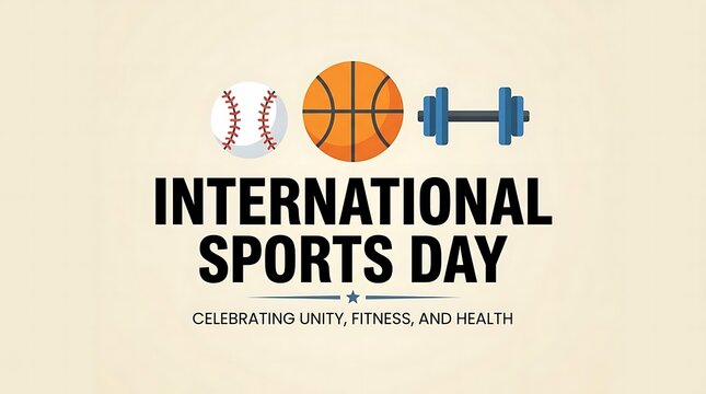 International sports day celebration with basketball and dumbbell icons