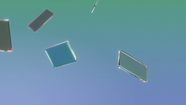 Floating transparent glass panels reflecting colorful light