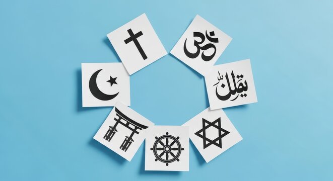 Various religious symbols arranged in a circle on a blue background