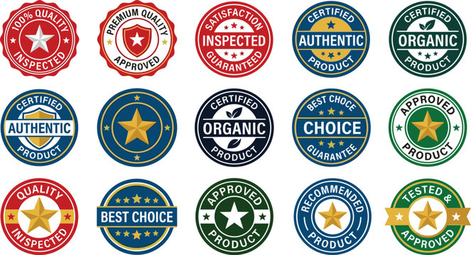 Set of colorful quality guarantee seals badges and stamps for certified products on white background