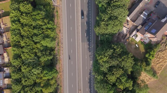 An aerial view looking straight down following the traffic direction on the M54 motorway in Telford, UK