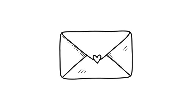 Sketchy black line drawing of a closed mail envelope sealed with a small heart represents a love letter or sweet message.