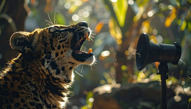 Majestic Jaguar Roaring in Lush Green Jungle Sunlight.
