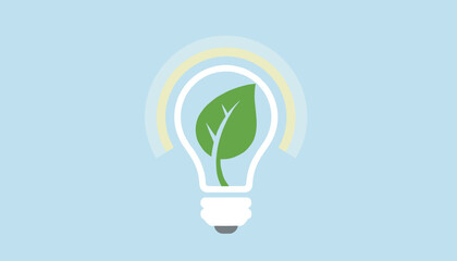 Fototapeta premium Concept of green clean energy showing a single green leaf glowing inside a bright light bulb with a rainbow light halo.