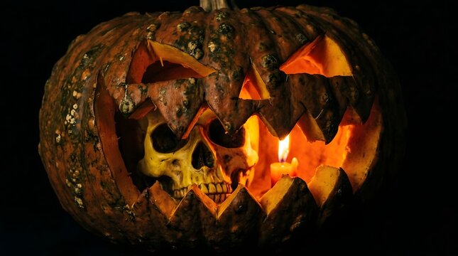 Spooky halloween pumpkin jackolantern with a realistic human skull inside and a glowing candle