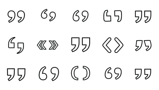 Fifteen different styles of outline quotation marks, brackets, and parentheses arranged in a clean grid layout on white.