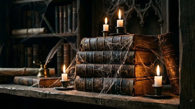 Ancient dusty books with cobwebs and lit candles on a wooden shelf in a dark library