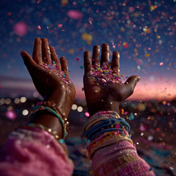 Person with colorful confetti falling into hands during an outdoor festive
