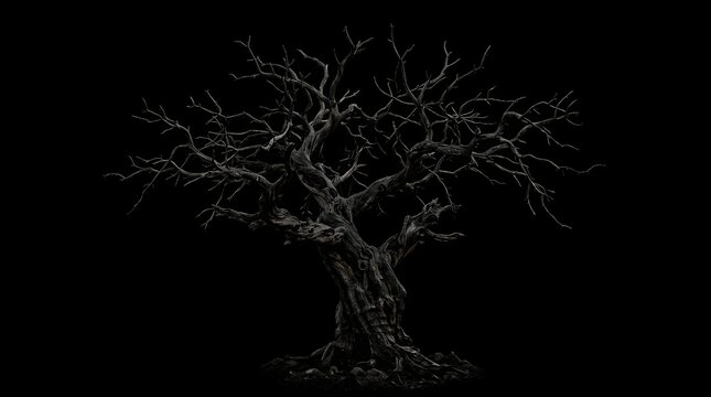 Spooky dead tree silhouette isolated on black background