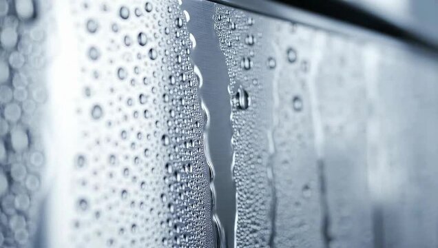 Close-up macro view of condensation water droplets forming on a cool glass surface with streaks of water running down