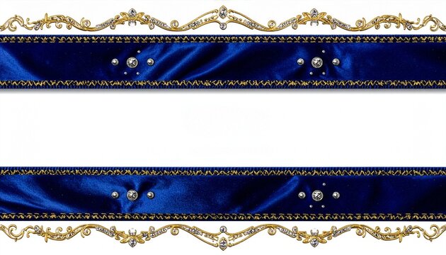 Luxurious royal blue ribbon borders with ornate gold filigree and diamonds framing a blank white copy space