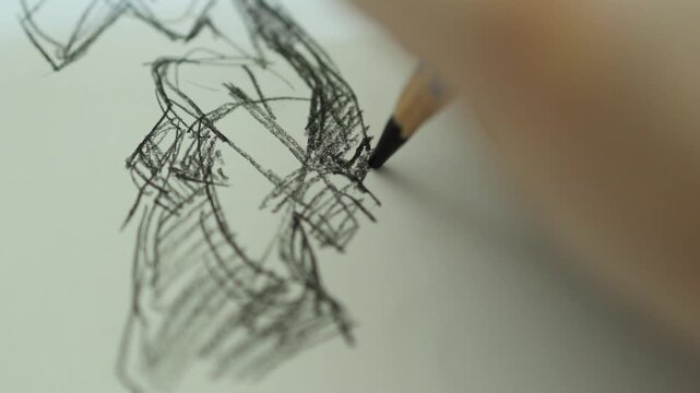 Horizontal 4K shot focusing on lower part of paper as designer hand uses EE pencil to sketch skirt flow and refine model silhouette
